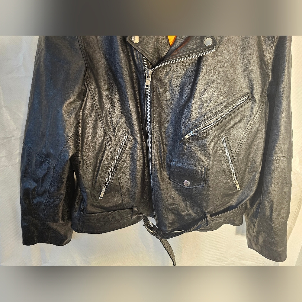 Wilsons Leather Black Biker Jacket with Orange Lining - Picture 2 of 12